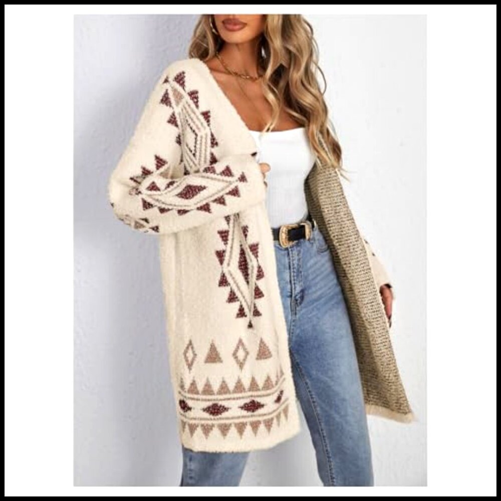 Long Sleeve Open Front Cardigan, Chunky Knit, Drop Shoulder, Boho Style - Picture 3 of 6